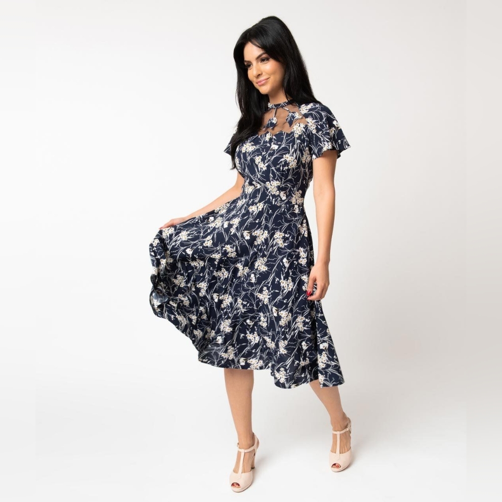 Unique Vintage Navy floral print Jessie swing dress
